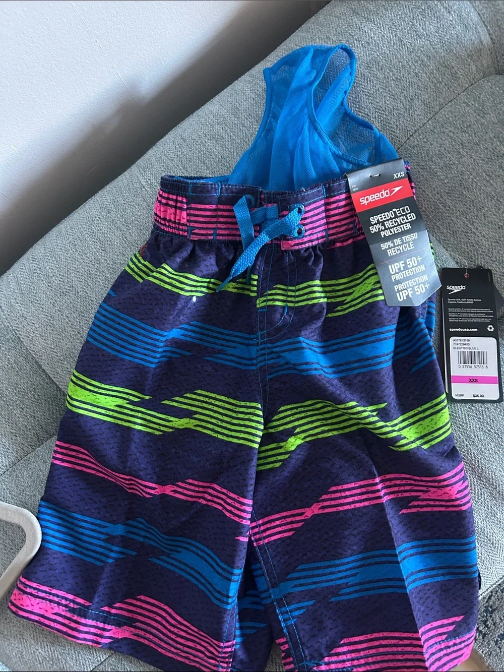 NWT Speedo Boys Navy Swim Trunks with Blue, Pink & Lime Stripes